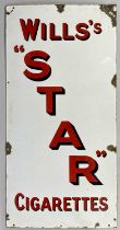 VINTAGE ENAMEL ADVERTISING SIGN, Wills's Star Cigarettes, shadowed red lettering on a white