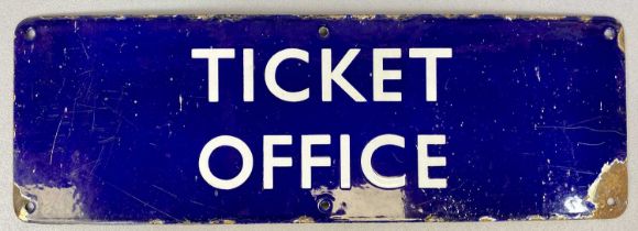 VINTAGE ENAMEL BRITISH RAIL TICKET OFFICE SIGN, white lettering on a cobalt blue ground, 15 x