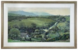 20TH C WELSH SCHOOL oil on board - landscape with farm and geese in the foreground, traces of