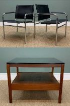 MID CENTURY MODERN COFFEE TABLE & PAIR 'KLINTE' ARMCHAIRS, table with afromosia frame and black