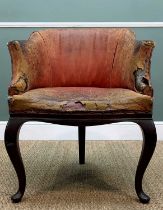 GEORGE III MAHOGANY LIBRARY BERGERE, French Hepplewhite style, moulded frame with shallow draped