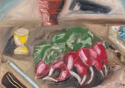 ‡ WILL DATSON oil on canvas - entitled verso, 'Still Life with Radishes' on Martin Tinney Gallery