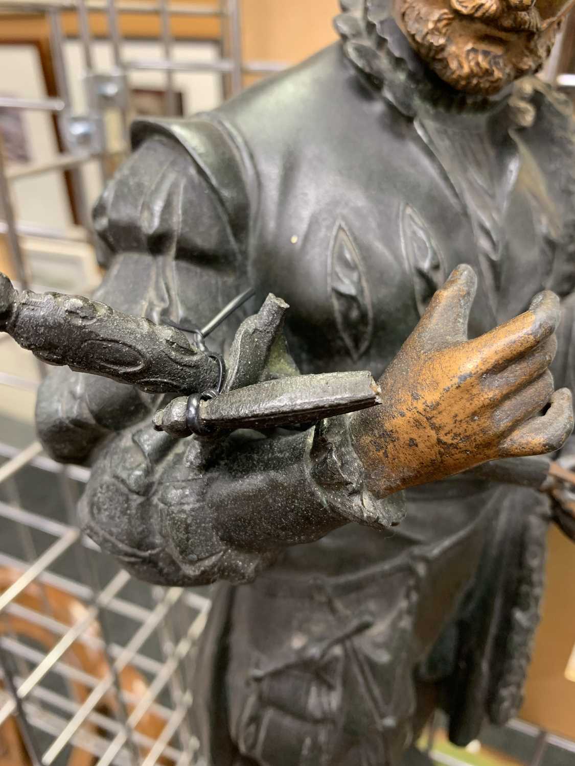 PAIR OF DECORATIVE SPELTER FIGURES, titled 'Michel-Ange' and 'Bento Cellini' on turned ebonised - Image 5 of 5