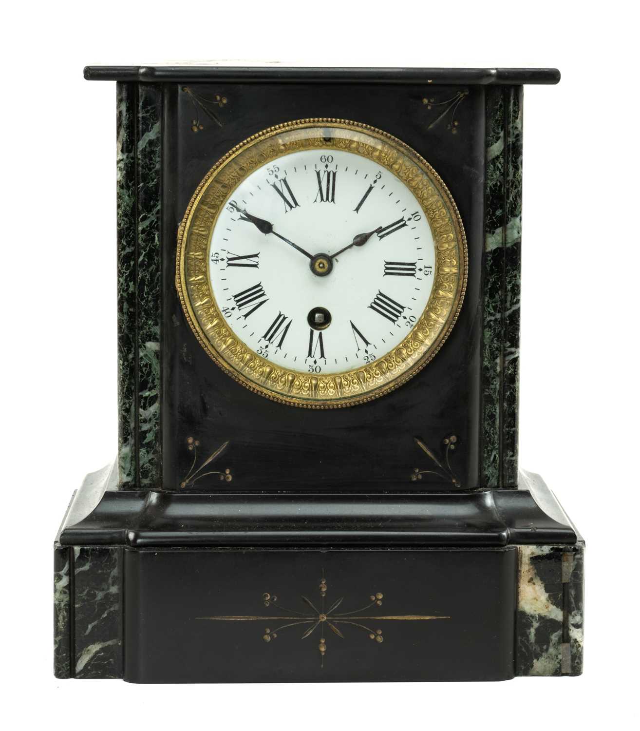 BELGIAN SLATE MANTEL TIMEPIECE, c. 1900, eight-day movement, 3.5in. white enamel dial with black