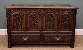 LATE 18TH C JOINED OAK MULE CHEST, four panels, two drawers, ornately carved front, 87(h) x 143(w) x
