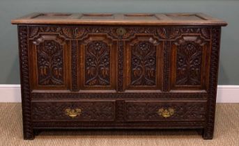 LATE 18TH C JOINED OAK MULE CHEST, four panels, two drawers, ornately carved front, 87(h) x 143(w) x