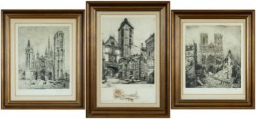 GEORGES Le MEILLEUR (1861-1945), three etchings - clock tower Rouen, Notre Dame Rouen, Reims