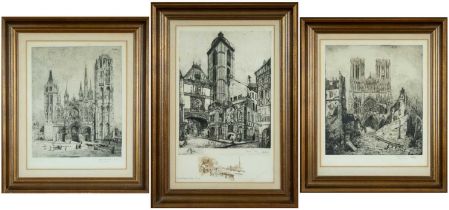 GEORGES Le MEILLEUR (1861-1945), three etchings - clock tower Rouen, Notre Dame Rouen, Reims