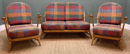 MID-CENTURY ERCOL BLOND WINDSOR SETTEE SUITE, gold label, comprising 203/2 two seater settee, 133cms