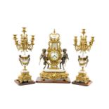 FRANZ HERMLE 'IMPERIAL' GILT METAL & MARBLE CLOCK GARNITURE, eight-day movement with floating