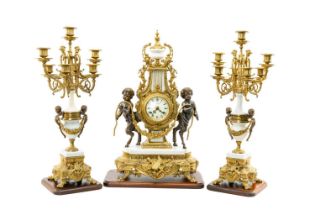 FRANZ HERMLE 'IMPERIAL' GILT METAL & MARBLE CLOCK GARNITURE, eight-day movement with floating