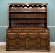 18TH C. STYLE REPRODUCTION OAK WELSH DRESSER, boarded rack above nine frieze drawers with
