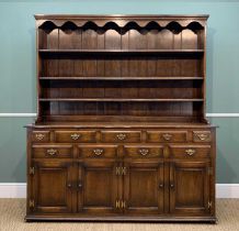 18TH C. STYLE REPRODUCTION OAK WELSH DRESSER, boarded rack above nine frieze drawers with