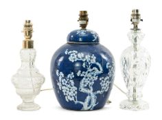 THREE MODERN TABLE LAMPS, comprising two cut glass lamps, one marked 'Dreyfous', and a Chinese