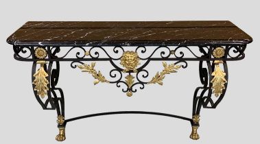 MODERN PAINTED METAL & MARBLE CONSOLE TABLE, veined black marble top on scrolled front supports with
