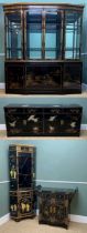 GROUP OF CHINESE STYLE BLACK LACQUER FURNITURE comprising, mirror-backed display cabinet with