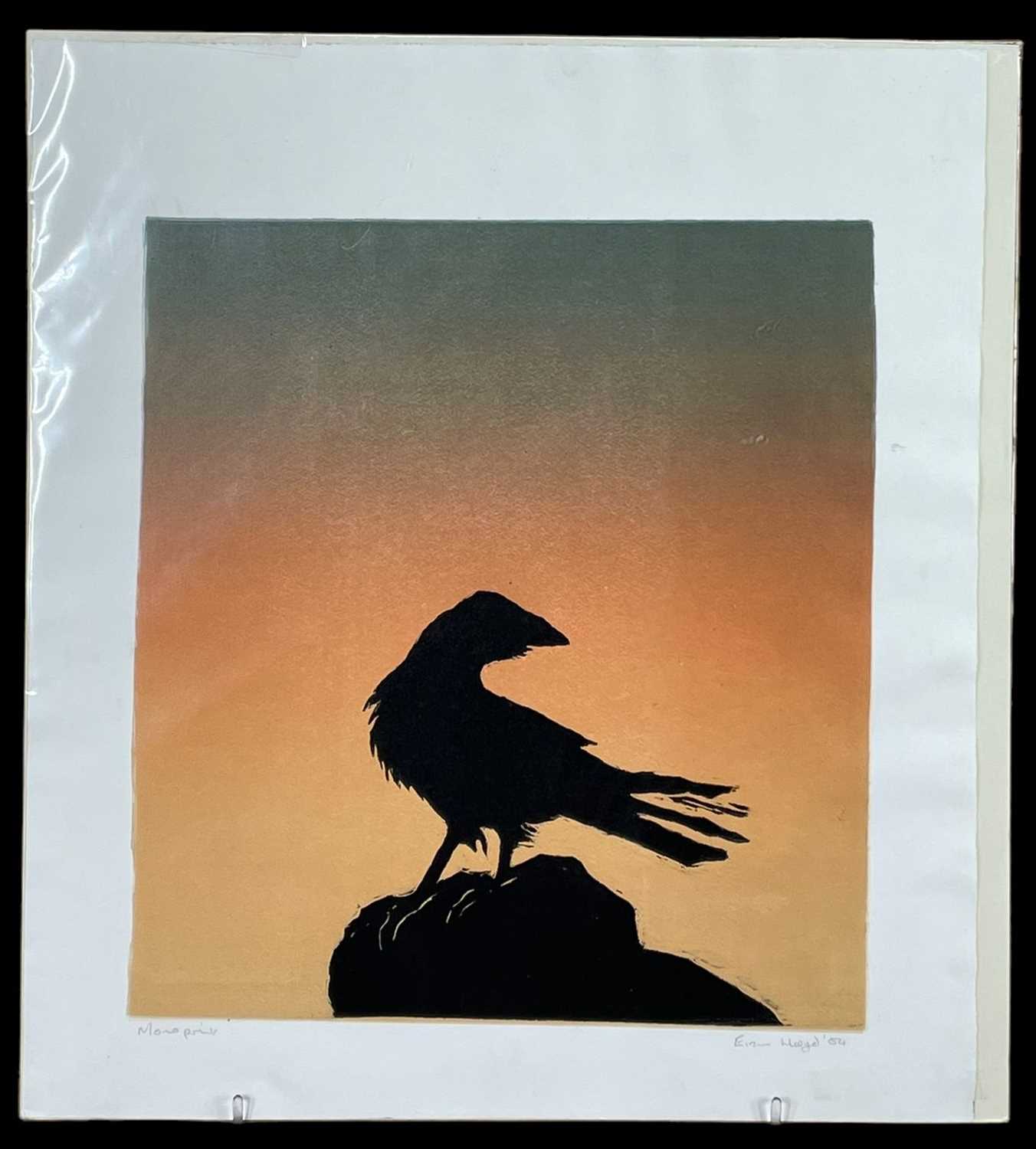 ‡ EIRIAN LLOYD monoprint - Crow, silhouette of bird on a rock at sunset, signed and dated '04, 49 - Image 2 of 2