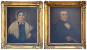 19TH CENTURY PROVINCIAL SCHOOL, oil on canvas - pair portraits of lady with shawl and gentleman with