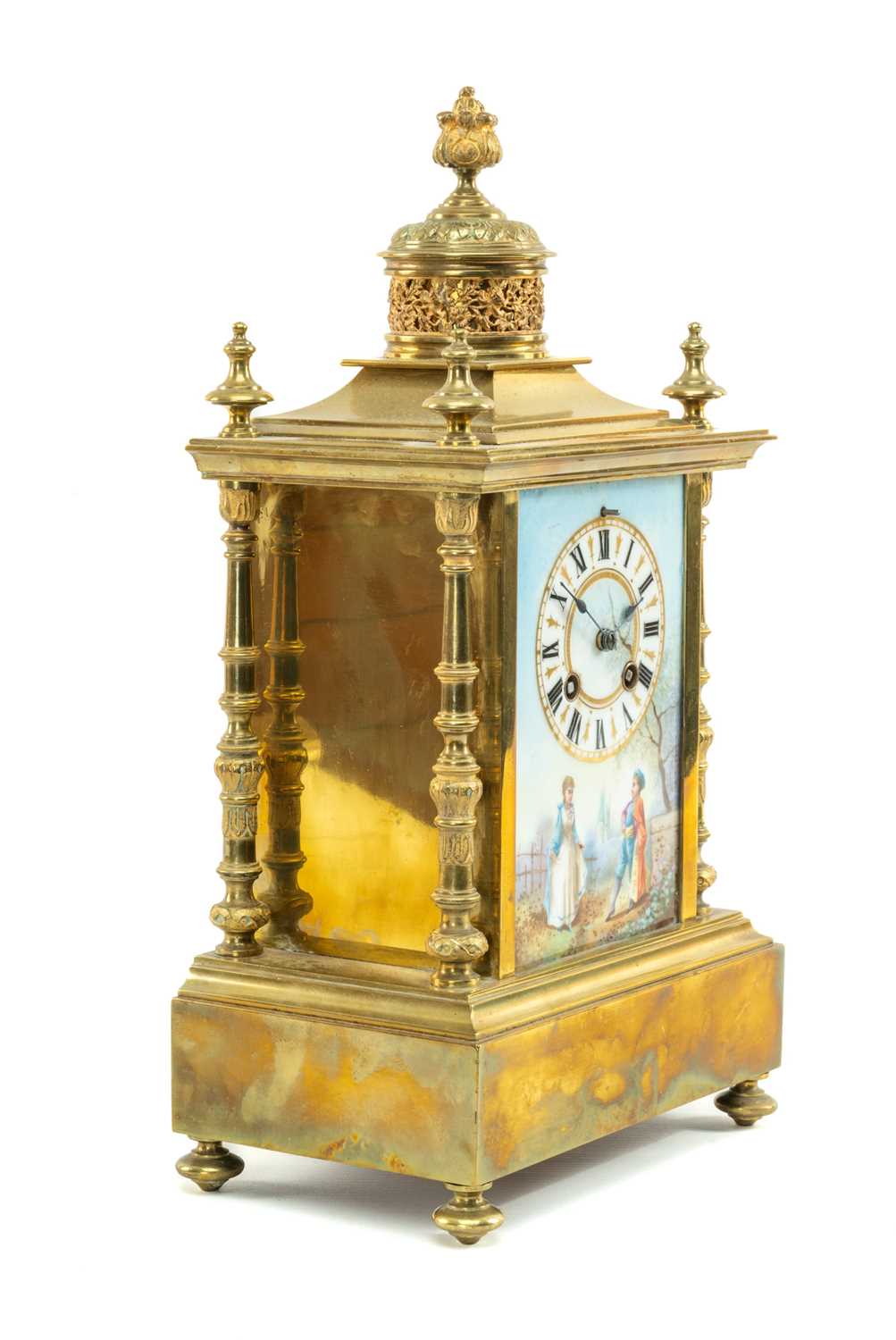 19TH C. FRENCH PORCELAIN MOUNTED BRASS MANTEL CLOCK, A.D. Mougin, front panel painted with figures - Image 2 of 2