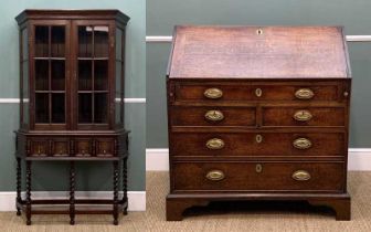 GEORGE III OAK BUREAU & A CABINET, bureau with narrow frieze drawer above graduated drawers, bracket