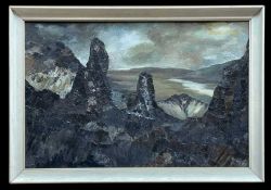 ‡ S JONES oil on canvas - rocky landscape with a river in the valley below, signed and dated 1974,