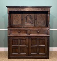 ANTIQUE CARVED OAK COURT CUPBOARD, two upper doors flanking central fixed arched panel, two frieze