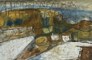 ‡ GWILYM PRICHARD mixed media - Ynys Mon landscape with stencilled writing, signed, 30 x 46cms
