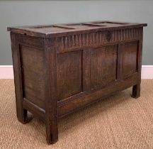 LATE 17TH C. JOINED OAK COFFER triple panel hinged lid, fluted frieze, iron lock and hinges, 72 (