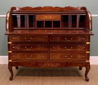 INDIAN HARDWOOD & BRASS INLAID CYLINDER BUREAU, decorated tambour closure, sides, drawer fronts