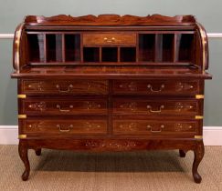 INDIAN HARDWOOD & BRASS INLAID CYLINDER BUREAU, decorated tambour closure, sides, drawer fronts