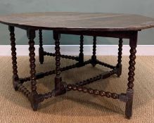 17TH C. STYLE JOINED OAK GATELEG TABLE, oval drop flap top on bobbin turned legs and stretchers,