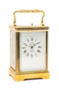 20TH C. FRENCH GILT BRASS REPEATING CARRIAGE CLOCK, L'Epee, Sainte Suxanne, white enamel Roman