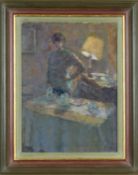 ‡ JACQUELINE WILLIAMS N.E.A.C. (b. 1962) oil on canvas - Tea Time, interior scene with table lamp,