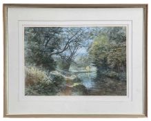 ‡ ARTHUR MILES watercolour - entitled verso, 'High Summer, Brecon Canal, Llanfrynach', signed and