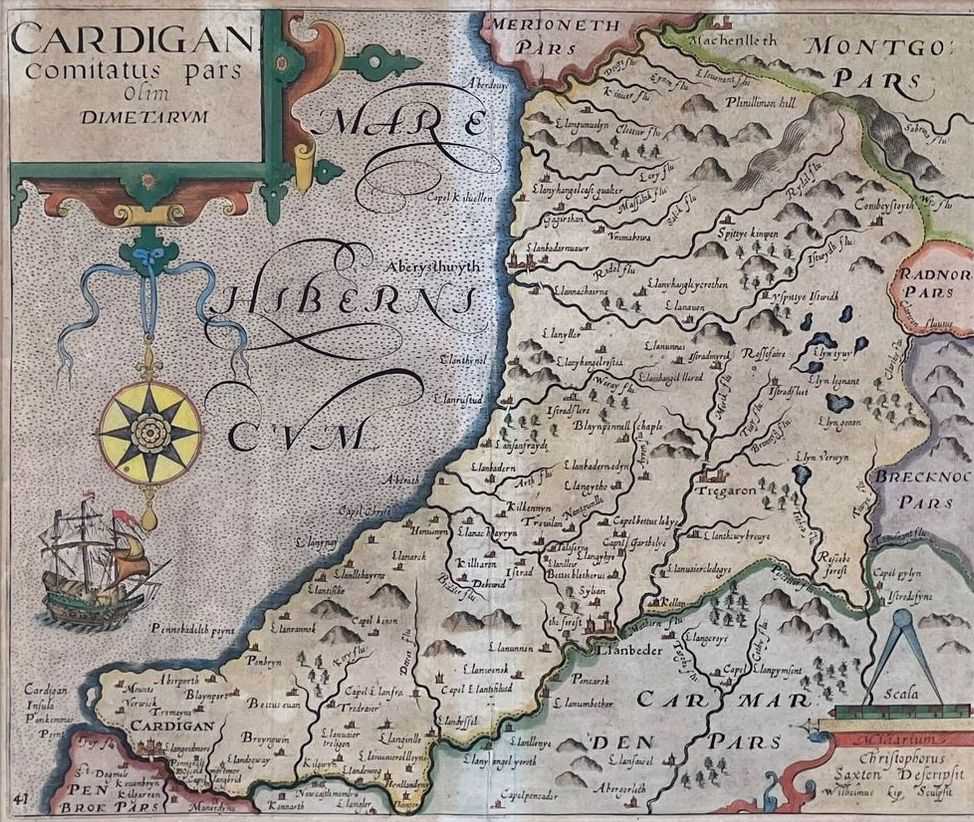 CHRISTOPHER SAXTON - coloured engraved map - entitled in cartouche 'Cardigan', with inset scale of