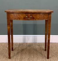 GEORGIAN-STYLE BURR WALNUT SIDE TABLE of small proportions, bowfront outline, frieze drawer,