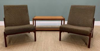 MID-CENTURY FURNITURE comprising two Scandinavian style low easy chairs, afromosia frame with
