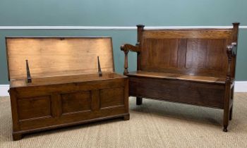 EDWARDIAN JOINED OAK SETTLE & A COFFER, settle with scroll arms, panel back, lidded box seats, 99(h)