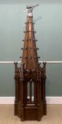 GOTHIC STYLE CARVED OAK STEEPLE, possibly a font cover, the tapering top with scrolled angles and