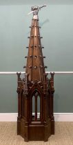 GOTHIC STYLE CARVED OAK STEEPLE, possibly a font cover, the tapering top with scrolled angles and