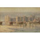 THOMAS PRYTHERCH watercolour - view of Caernarfon Castle across the estuary / harbour with moored