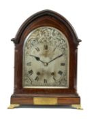 FRENCH MAGHOGANY MANTEL CLOCK, c. 1910, Vincenti et Cie, lancet case, with grille door and brass