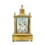 19TH C. FRENCH PORCELAIN MOUNTED BRASS MANTEL CLOCK, A.D. Mougin, front panel painted with figures