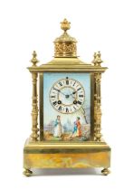 19TH C. FRENCH PORCELAIN MOUNTED BRASS MANTEL CLOCK, A.D. Mougin, front panel painted with figures