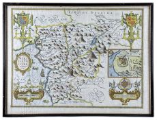 JOHN SPEED coloured 1610 copper engraved map - entitled in cartouche 'Merionethshire described',