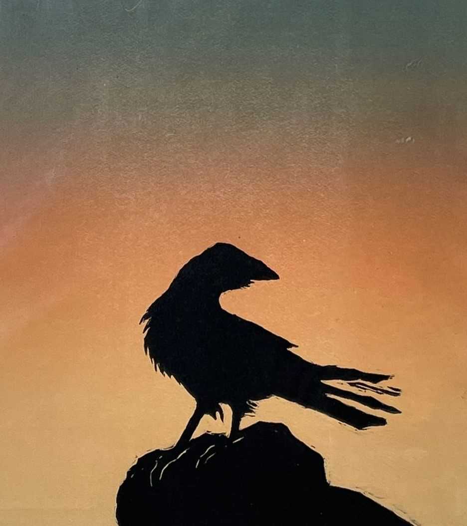 ‡ EIRIAN LLOYD monoprint - Crow, silhouette of bird on a rock at sunset, signed and dated '04, 49