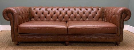 THOMAS LLOYD LEATHER CHESTERFIELD, buttoned back and arms, turned wooden legs on castors, 75 (h) x