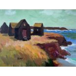 ‡ DONALD McINTYRE acrylic - huts on a headland, entitled verso 'Fishermen's Huts', signed with