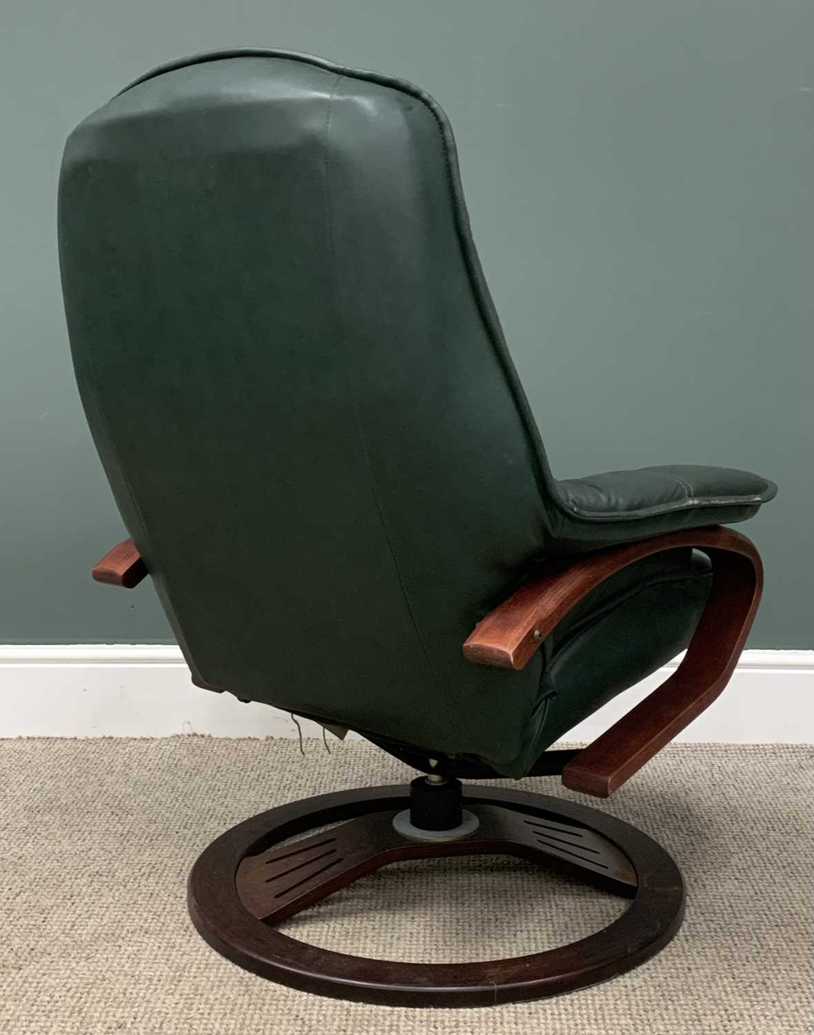 STRESSLESS TYPE REVOLVING & RECLINING ARMCHAIR with matching footstool, in green leather effect - Image 2 of 4