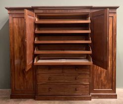 VICTORIAN MAHOGANY TRIPLE WARDROBE, breakfront middle section with twin glazed doors and interior